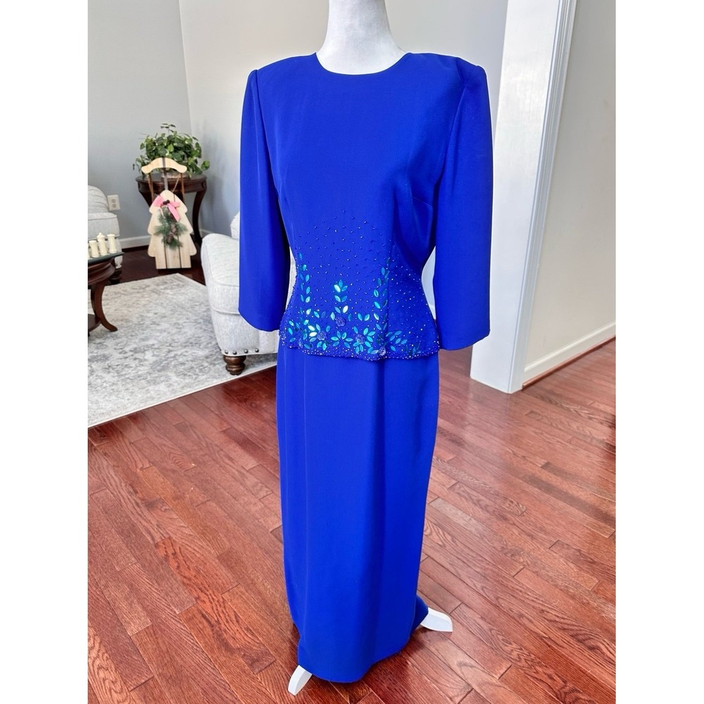 Vintage Donna Morgan Blue Beaded Embellished Long Sleeve Gown Dress Size 4 - Picture 4 of 12